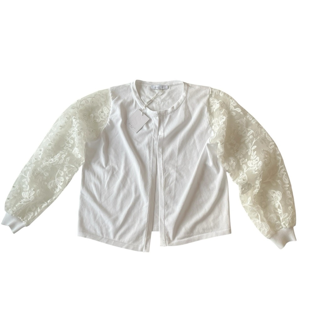 NWT Sioni Milano Women's Size M Cardigan White Lace Sleeve Pearl Floral Hook Eye
